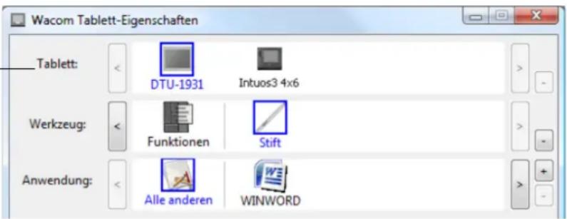 Wacom Tablett-Eigenschaften Tablett: DTU-1931 Intuos3 4x6 Werkzeug: Funktionen Stift Anwendung: Alle anderen WINWORD