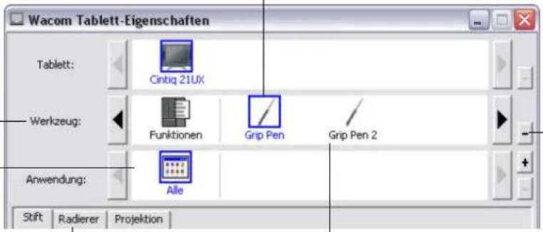 Wacom Tablett-Eigenschaften Tablett: Cinkg 21UX Werkzeug: Funktionen Grip Pen Grip Pen 2 Anwendung: Alle Stift Radierer Projektion