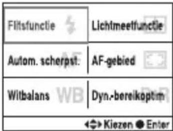 Flitsfunctie Lichtmeetfunctie Autom. scherpst: AF-gebied Witbalans Dyn.-bereikoptim Kiezen Enter