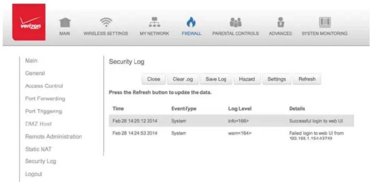 Verizon FiOS Quantum Gateway FiOS-G1100 - SECURITY LOG - 1