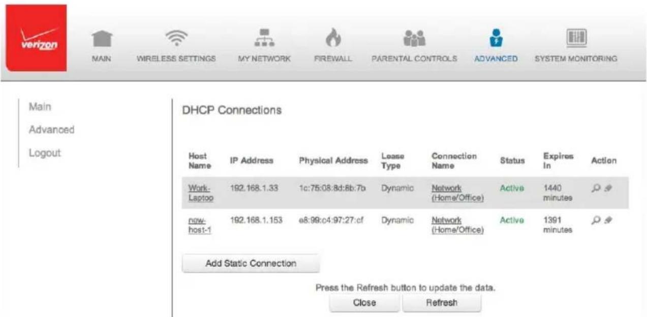 Verizon FiOS Quantum Gateway FiOS-G1100 - DHCP CONNECTIONS - 1
