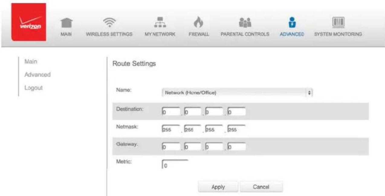 Verizon FiOS Quantum Gateway FiOS-G1100 - To add a new Gateway, click Add New Route. - 1