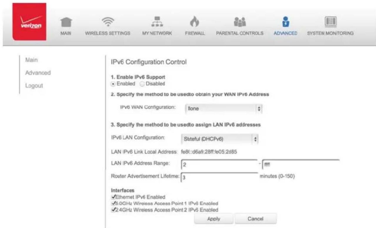 Verizon FiOS Quantum Gateway FiOS-G1100 - LAN IPv6 STATEFUL (DHCPv6) WITH NO WAN SETTINGS: - 1