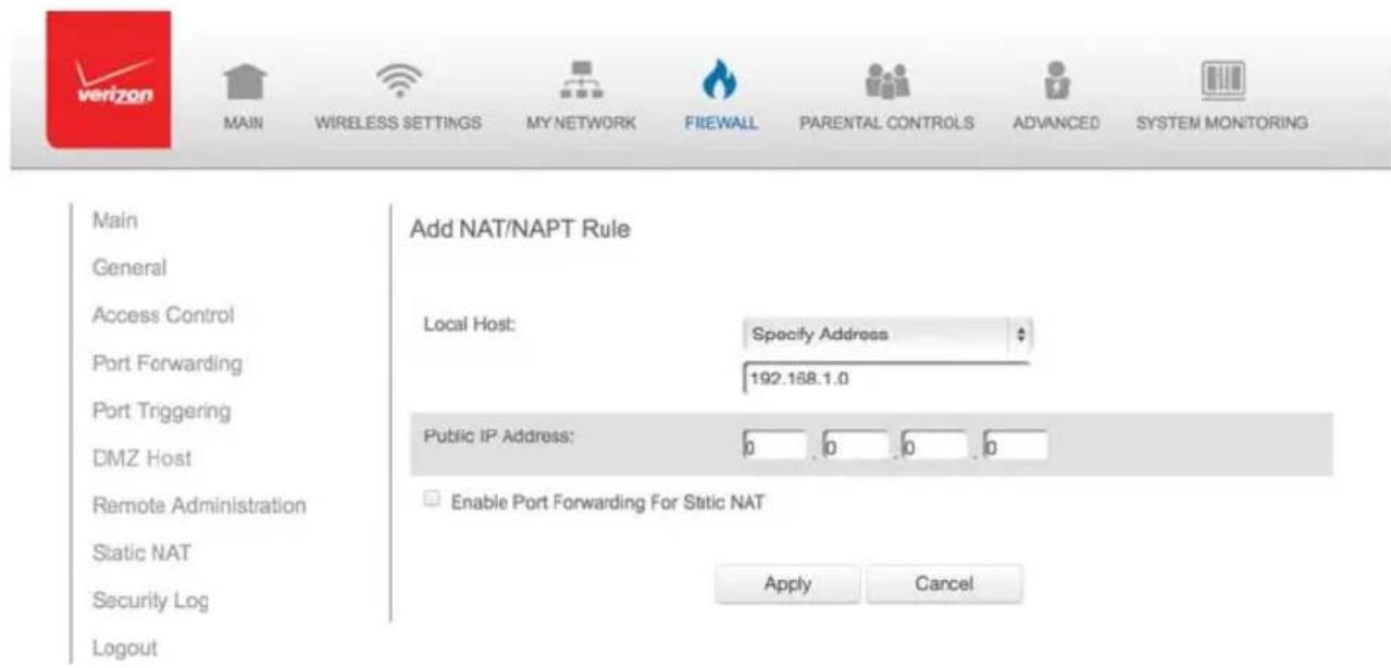 Verizon FiOS Quantum Gateway FiOS-G1100 - STATIC NAT AND SECURITY LOG - 1