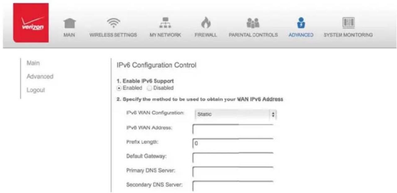 Verizon FiOS Quantum Gateway FiOS-G1100 - STATIC - WAN IPv6 ADDRESS CONNECTION - 1