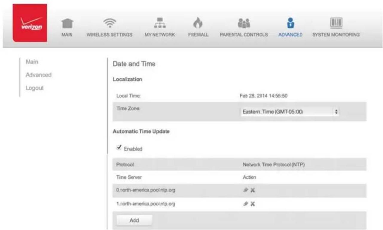 Verizon FiOS Quantum Gateway FiOS-G1100 - 8.5a/ DATE AND TIME SETTINGS - 1