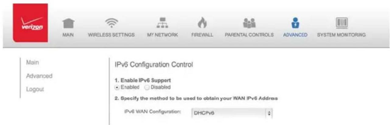Verizon FiOS Quantum Gateway FiOS-G1100 - DHCPv6 - WAN IPv6 ADDRESS CONNECTION - 1