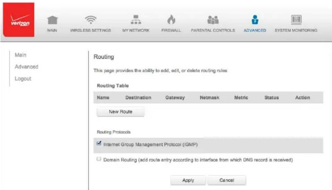 Verizon FiOS Quantum Gateway FiOS-G1100 - 8.4b/ ROUTING SETTINGS - 1