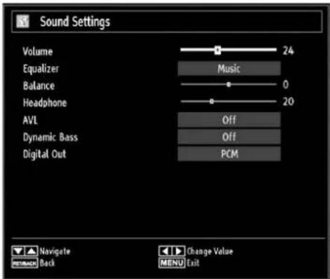 Sound Settings Volume 24 Equalizer Music Balance 0 Headphone 20 AVL Off Dynamic Bass Off Digital Out PCM Navigate Back Change Value MENU Exit