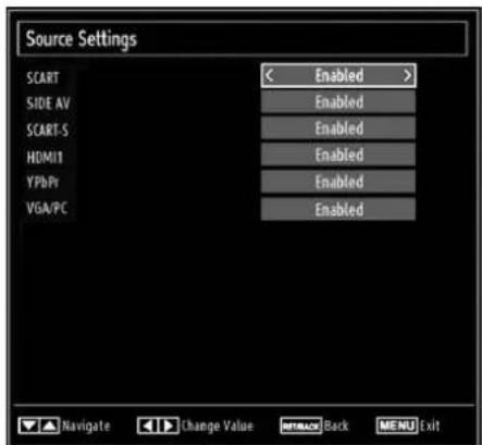Source Settings SCART SIDE AV SCART-S HOMIT YPbPr VGA/PC Enabled > Enabled Enabled Enabled Enabled Enabled Enabled Navigate Change Value MT3ACK Back MENU Exit