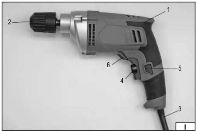 Labeled diagram of a power drill with numbered parts for identification
