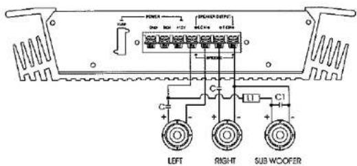 POWER SPEAKER OUTPUT OFF C1 C2 C3 C4 LEFT RIGHT SUB WOOFER