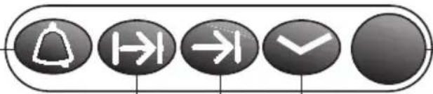 Five black circular buttons with white directional and flow icons: bell, hand, right, down, and solid circle.
