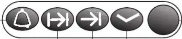Sequence of five black circular icons with white directional symbols: bell, right-pointing arrow, right-pointing arrow, checkmark, and solid circle.