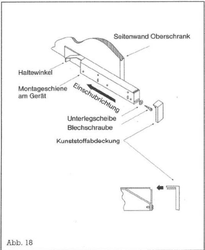 Seitenwand Oberschrank Haltewinkel Montageschiene am Gerät Einschubrichtung Unterlegscheibe Blechschraube Kunststoffabdeckung Abb. 18