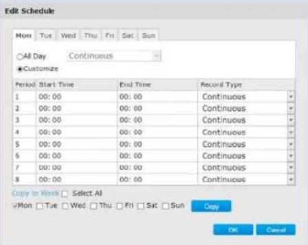 Edit Schedule Mon Tut Wed Thu Fri Sat Sun ○All Day Continuous ●Customize Period Start Time End Time Record Type 1 00:00 00:00 Continuous 2 00:00 00:00 Continuous 3 00:00 00:00 Continuous 4 00:00 00:00 Continuous 5 00:00 00:00 Continuous 6 00:00 00:00 Continuous 7 00:00 00:00 Continuous 8 00:00 00:00…