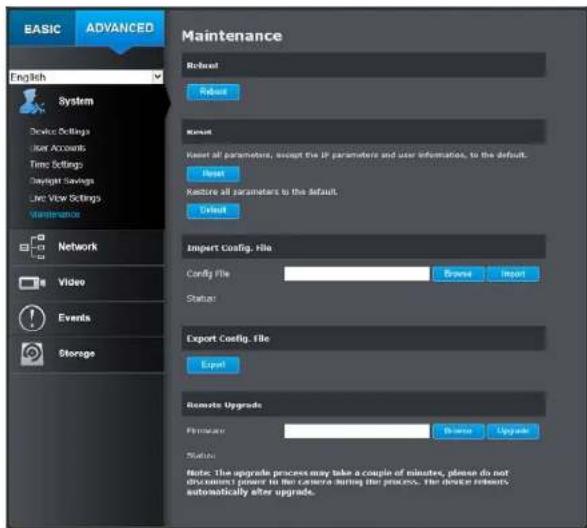BASIC ADVANCED English System Device Settings User Accounts Time Settings Onboard Savings Line View Settings Maintenance Network Video Events Storage Maintenance Reset Reset Reset all parameters, except the IP parameters and user information, to the default. Reset Restore all parameters to the defau…