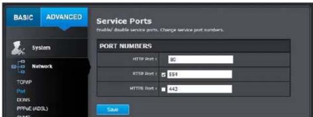 BASIC ADVANCED Service Ports trouble/ double service ports. Change service port numbers. System Network TOPMP Port DCNS PPVCE (ADSL) RAME PORT NUMBERS HTTP Port 1 90 RTSP Port 1 $54 HTTPS Port 1 443 Save