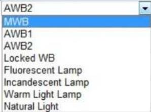 AWB2 MWB AWB1 AWB2 Locked WB Fluorescent Lamp Incandescent Lamp Warm Light Lamp Natural Light