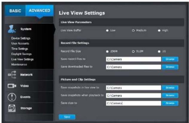 BASIC ADVANCED Live View Settings Live View Parameters Live View Buffer Low Medium High Record File Settings Record File Size 250M 512M 1G Save record file to: C:\Camera Browse Save downloaded files to: C:\Camera Browse Picture and Clip Settings Save snapshots in live view to: C:\Camera Browse Save…