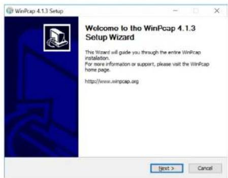 WinPcap 4.1.3 Setup Welcome to the WinPcap 4.1.3 Setup Wizard This Wizard will guide you through the entire WinPcap installation. For more information or support, please visit the WinPcap home page. http://www.winpcap.org Next > Cancel