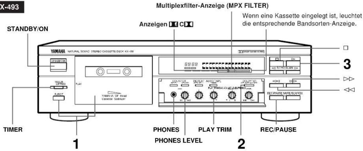 X-493 Multiplexfilter-Anzeige (MPX FILTER) STANDBY/ON Anzeigen ▪ CD Wenn eine Kassette eingelegt ist, leuchtet die entsprechende Bandsorten-Anzeige. YAMAHA NATURAL SOUND STEREO CASSETTE DECK HX-498 STANDBY/ON TICKEL OPTED FJRT PLAY YAMAVA OF Head Cassette Stabilizer 6988 PHONES PHONES LEVEL DOV/INDI OPLAT AUTO VAPC PLAY TINEMA 2015 PLAY TRIM COLONY 2015 REC/PAUSE MUTE/SEACH REC/PAUSE