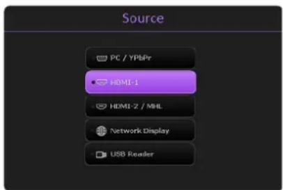 Source PC / YPbPr HDMI-1 HDMI-2 / MHL Network Display USB Reader