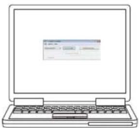Line drawing of a laptop with an embedded interface window showing text and icons