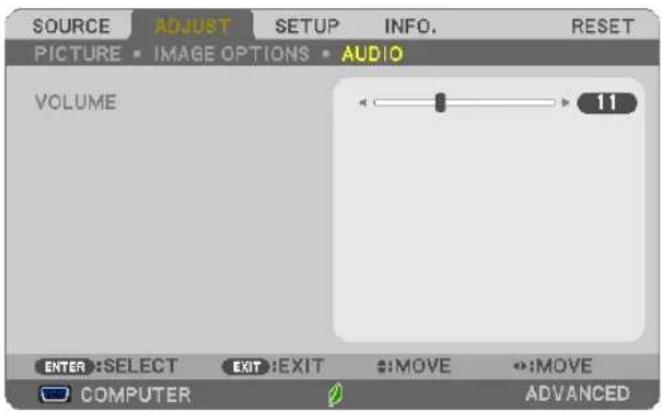 SOURCE ADJUST SETUP INFO. RESET PICTURE IMAGE OPTIONS AUDIO VOLUME 11 ENTER:SELECT EXIT:EXIT MOVE MOVE COMPUTER ADVANCED