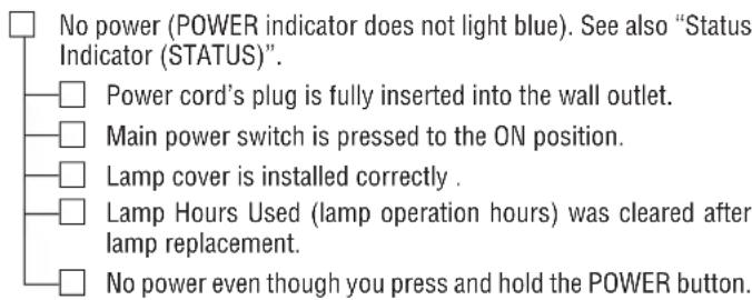 No power (POWER indicator does not light blue). See also "Status Indicator (STATUS)". Power cord's plug is fully inserted into the wall outlet. Main power switch is pressed to the ON position. Lamp cover is installed correctly . Lamp Hours Used (lamp operation hours) was cleared after lamp replacement. No power even though you press and hold the POWER button.