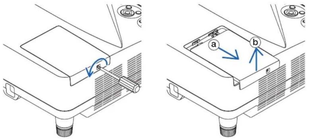 Technical diagram showing two mechanical assembly steps labeled a and b, with arrows indicating motion direction.