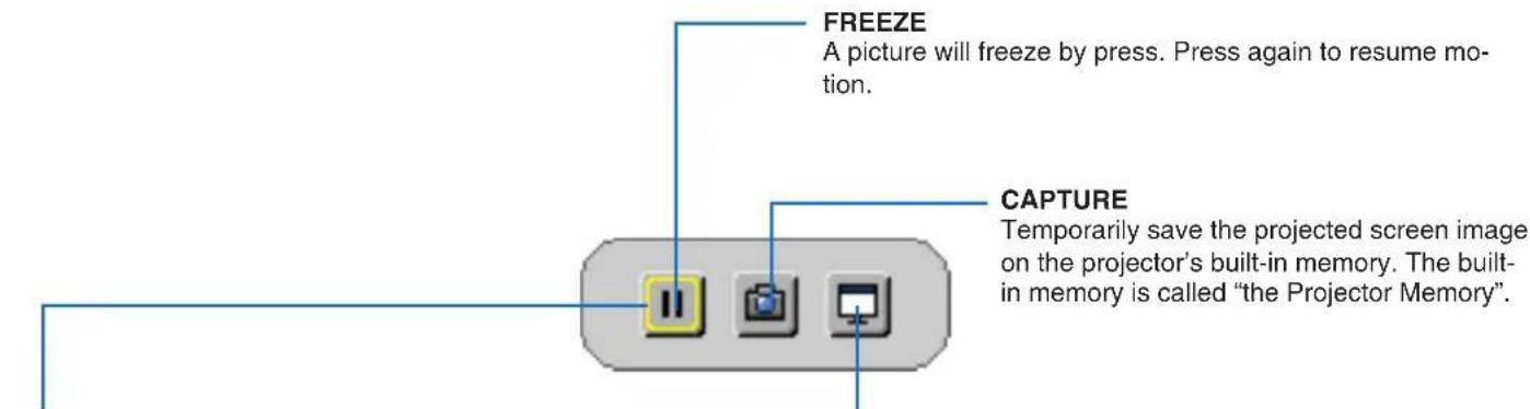 FREEZE A picture will freeze by press. Press again to resume motion. CAPTURE Temporarily save the projected screen image on the projector's built-in memory. The built-in memory is called "the Projector Memory".