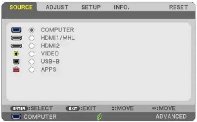 SOURCE ADJUST SETUP INFO. RESET COMPUTER HDMI1/MHL HDMI2 VIDEO USB-B APPS ENTER :SELECT EXIT :EXIT :MOVE :MOVE COMPUTER ADVANCED