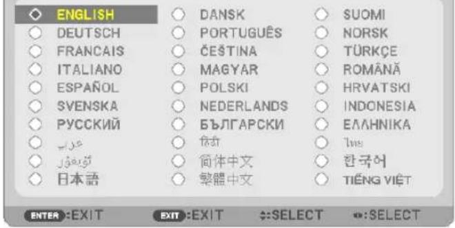ENGLISH DEUTSCH FRANCAIS ITALIANO ESPAÑOL SVENSKA PYCCKIÑ الله الله 日本語 DANSK PORTUGUÊS ČEŠTINA MAGYAR POLSKI NEDERLANDS БЪЛГАРСКИ شرا 简体中文 繁體中文 SUOMI NORSK TÜRKÇE ROMÄNÄ HRVATSKI INDONESIA ЕЛАННИКА الله 한국어 TIĚNG VIĚT ENTER :EXIT EXIT :EXIT :SELECT ::SELECT