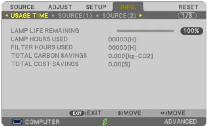 SOURCE ADJUST SETUP INFO. RESET USAGE TIME SOURCE(1) SOURCE(2) 1/8 LAMP LIFE REMAINING 100% LAMP HOURS USED 00000[H] FILTER HOURS USED 00000[H] TOTAL CARBON SAVINGS 0.000[kg-CO2] TOTAL COST SAVINGS 0.00[$] EXIT:EXIT $:MOVE ↔:MOVE COMPUTER ADVANCED