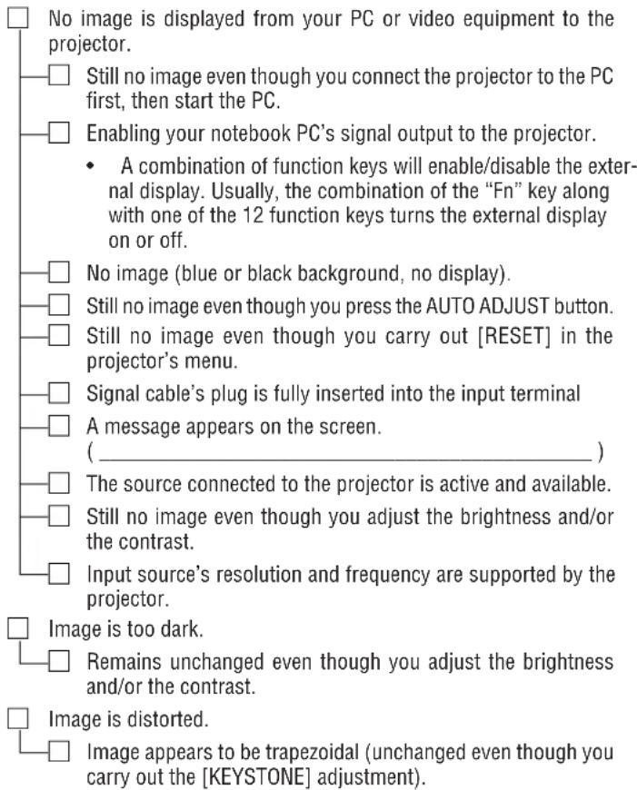 No image is displayed from your PC or video equipment to the projector. Still no image even though you connect the projector to the PC first, then start the PC. Enabling your notebook PC's signal output to the projector. • A combination of function keys will enable/disable the external display. Usually, the combination of the "Fn" key along with one of the 12 function keys turns the external display on or off. No image (blue or black background, no display). Still no image even though you press the AUTO ADJUST button. Still no image even though you carry out [RESET] in the projector's menu. Signal cable's plug is fully inserted into the input terminal A message appears on the screen. ( _________ ) The source connected to the projector is active and available. Still no image even though you adjust the brightness and/or the contrast. Input source's resolution and frequency are supported by the projector. Image is too dark. Remains unchanged even though you adjust the brightness and/or the contrast. Image is distorted. Image appears to be trapezoidal (unchanged even though you carry out the [KEYSTONE] adjustment).