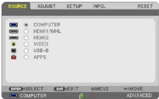 SOURCE ADJUST SETUP INFO. RESET COMPUTER HDMI1/MHL HDMI2 VIDEO USB-B APPS ENTER :SELECT EXIT :EXIT :MOVE :MOVE COMPUTER ADVANCED