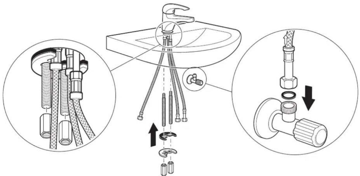 Technical diagram illustrating the assembly of a showerhead valve with labeled parts and directional arrows indicating assembly steps.
