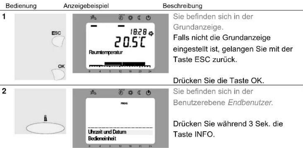 Bedienung Anzeigebeispiel Beschreibung 1 ISC 20.5°C Raumtemperatur 0 4 3 12 16 20 24 Sie befinden sich in der Grundanzeige. Falls nicht die Grundanzeige eingestellt ist, gelangen Sie mit der Taste ESC zurück. Drücken Sie die Taste OK. 2 Uhrzeit und Datum Bedieneinheit 0 4 3 12 16 20 24 Sie befinden sich in der Benutzerebene Endbenutzer. Drücken Sie während 3 Sek. die Taste INFO.