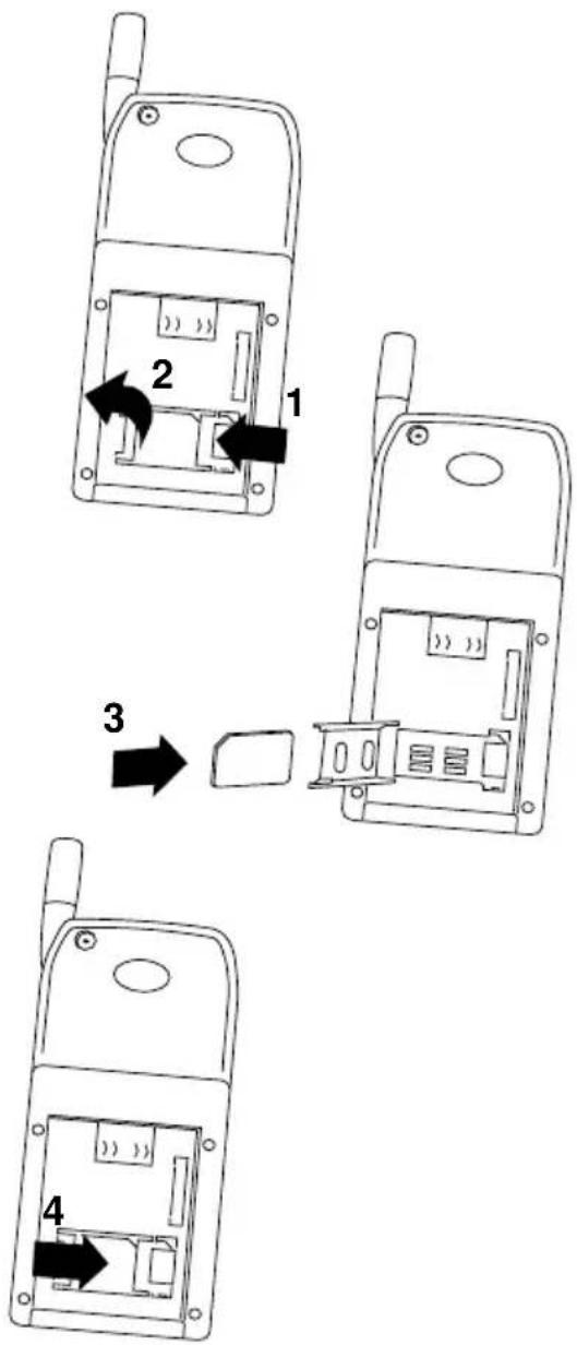 Diagram showing four steps of an open mobile phone device with labeled internal compartments and directional arrows indicating movement.
