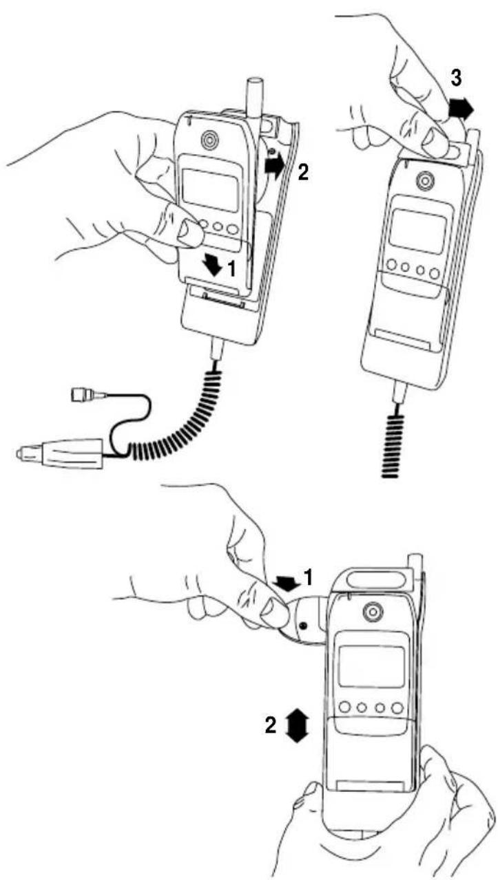 Diagram showing three-step instructions for inserting a mobile phone into a device, labeled with steps 1, 2, and 3.