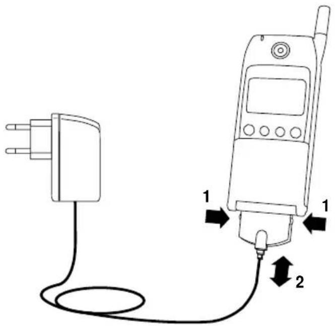 Diagram showing a mobile phone connected to a power plug, with labeled parts and connection arrows.