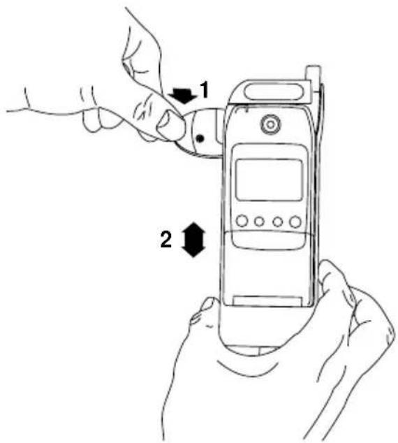 Diagram showing two hands holding a mobile phone with labeled parts 1 and 2, indicating finger movement or adjustment.