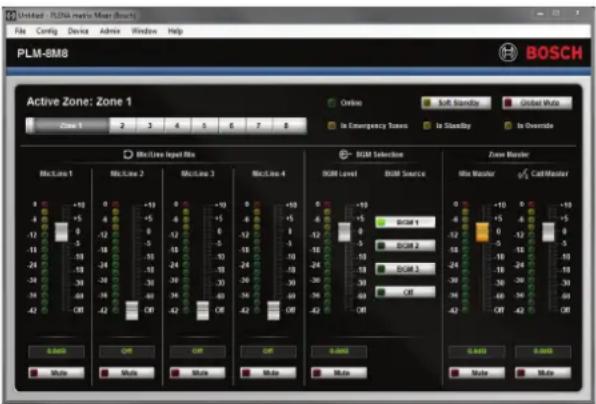 PLM-8M8 Active Zone: Zone 1 Zone 1 2 3 4 5 6 7 8 BOSCH Online Soft Scaning Global Mode In Emergency Tones In Stability In Overside BMCLine Input Mix BMCLine 1 BMCLine 2 BMCLine 3 BMCLine 4 BMC Line Selectin BMC Level BMC Source Zone Master Mix Master CallMaster 0 -10 -5 -10 -15 -20 -25 -30 -35 -40 0 -10 -5 -10 -15 -20 -25 -30 -35 -40 0 -10 -5 -10 -15 -20 -25 -30 -35 -40 0 -10 -5 -10 -15 -20 -25 -35 -40 0 -10 -5 -10 -15 -20 -25 -30 -35 -40 0 -10 -5 -10 -15 -20 -25 -30 -35 -40 0 -10 -5 -10 -15 -21 -25 -30 -35 -40 0 -10 -5 -10 -15 -21 -25 -30 -35 -40
