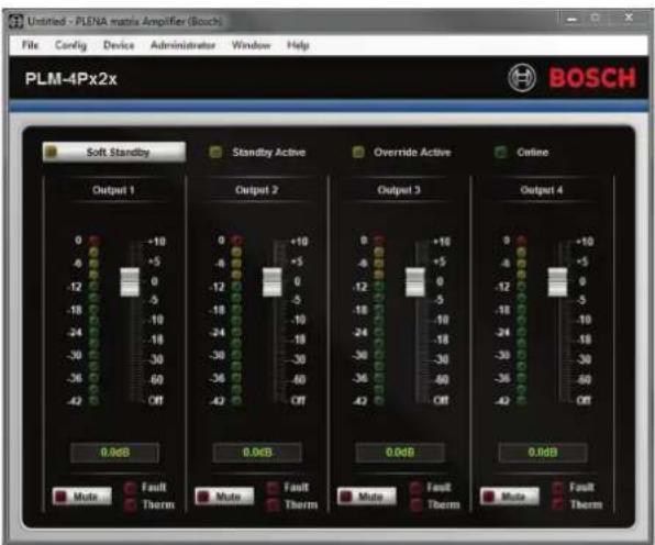 Unitled - PLMA matrix Amplifier (Bosch) File Config Device Administrator Window Help PLM-4Px2x Soft Standby Standby Active Override Active Online Output 1 Output 2 Output 3 Output 4 0.0dB 0.0dB 0.0dB 0.0dB Fault Therm Fault Therm Mute Fault Therm Mute Fault Therm Mute Fault Therm