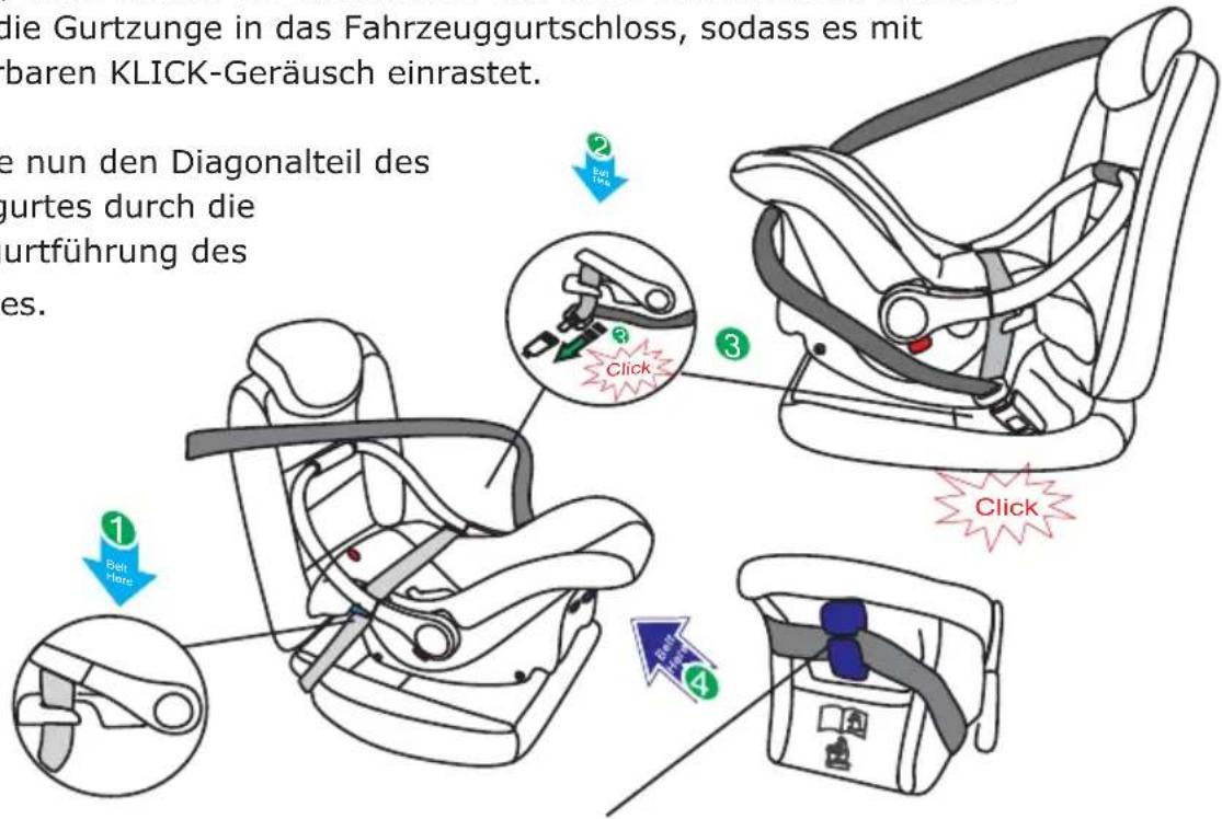 die Gurtzunge in das Fahrzeuggurtschloss, sodass es mit baren KLICK-Geräusch einrastet. e nun den Diagonalteil des jurgtes durch die urtführung des es. 1 Bei Hare 2 Click 3 Click 4