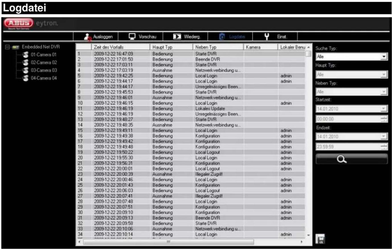 Logdatei Aris Sauw, Net, Germany Ausloggen Vorschau Wiederg Logdatei Einst. Embedded Net DVR 01-Camera 01 02-Camera 02 03-Camera 03 04-Camera 04 Zeit des Vorfalls Haupt Typ Neben Typ Kamera Lokaler Benu 1 2009-12-22 16:47:09 Bedienung Starte DVR 2 2009-12-22 17:01:50 Bedienung Beende DVR 3 2009-12-22 17:03:11 Bedienung Starte DVR 4 2009-12-22 17:03:19 Ausnahme Netzwerk verbindung u... 5 2009-12-22 19:42:25 Bedienung Local Login admin 6 2009-12-22 19:44:17 Bedienung Local Login admin 7 2009-12-22 19:44:17 Bedienung Unregelmässiges Been... 8 2009-12-22 19:45:53 Bedienung Starte DVR 9 2009-12-22 19:46:01 Ausnahme Netzwerk verbindung u... 10 2009-12-22 19:46:15 Bedienung Local Login admin 11 2009-12-22 19:46:19 Bedienung Lokales Update 12 2009-12-22 19:46:19 Bedienung Unregelmässiges Been... 13 2009-12-22 19:48:27 Bedienung Starte DVR 14 2009-12-22 19:48:35 Ausnahme Netzwerk verbindung u... 15 2009-12-22 19:49:11 Bedienung Local Login admin 16 2009-12-22 19:49:38 Bedienung Konfiguration admin 17 2009-12-22 19:49:42 Bedienung Konfiguration admin 18 2009-12-22 19:49:48 Bedienung Konfiguration admin 19 2009-12-22 19:50:22 Bedienung Local Logout admin 20 2009-12-22 19:55:30 Bedienung Local Login admin 21 2009-12-22 19:56:31 Bedienung Konfiguration admin 22 2009-12-22 20:00:01 Bedienung Local Logout admin 23 2009-12-22 20:00:39 Ausnahme Illegaler Zugriff 24 2009-12-22 20:00:46 Bedienung Local Login admin 25 2009-12-22 20:01:43 Bedienung Konfiguration admin 26 2009-12-22 20:06:03 Bedienung Local Logout admin 27 2009-12-22 20:07:41 Ausnahme Illegaler Zugriff 28 2009-12-22 20:07:48 Bedienung Local Login admin 29 2009-12-22 20:07:51 Bedienung Konfiguration admin 30 2009-12-22 20:09:10 Bedienung Konfiguration admin 31 2009-12-22 20:09:13 Bedienung Beende DVR admin 32 2009-12-22 20:09:58 Bedienung Starte DVR 33 2009-12-22 20:10:06 Ausnahme Netzwerk verbindung u... 34 2009-12-22 20:10:14 Bedienung Local Login admin