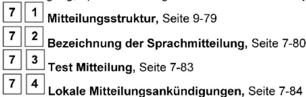 7 1 Mitteilungsstruktur, Seite 9-79 7 2 Bezeichnung der Sprachmitteilung, Seite 7-80 7 3 Test Mitteilung, Seite 7-83 7 4 Lokale Mitteilungsankündigungen, Seite 7-84
