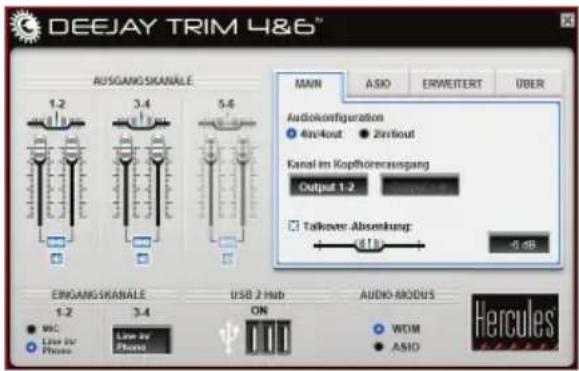 DEEJAY TRIM 4&6® AUSGANG SKANALE 1.2 3.4 5.4 MAIN ASIO ERWEITERT ÜBER AudioConfiguration 4in/4out Zinflout Kanal im Kopfhöremsgang Output 1-2 Talkover: Absenkung: -0 dB ERGANG SKANALE 1.2 3.4 USB 2 Hub ON AUDIO-MODUS WOM ASIO Hercules