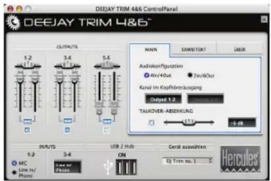 DEEJAY TRIM 4&6 ControlPanel DEEJAY TRIM 4&6 OUTPUTS 1.2 3.4 5.6 MAIN EWERTERT ORDER Audioinknfiguration 40n/40ut 20u/60ut Kanal im Kapifohreräusgang Output 1.2 TAUKOVER-ABSORUNG 1.2 3.4 USB 2 Hub Gerd auswerten DJ Trim no. 1 Hercules